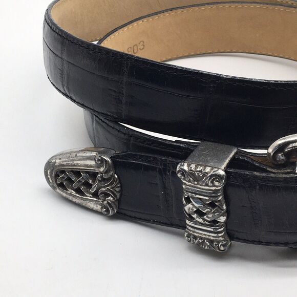 1995 Brighton Croc Embossed Leather Belt L44803 Black Silver Scrolls Buckle Sz L main image 13
